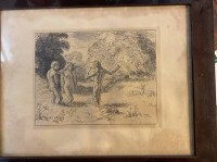 Auktion 338 / Los 5013 <br>G.S., 1903, Radierung "Nackte in der Landschaft"", gerahmt/Glas, Blatt lichtrandig  und fleckig, RG 33x48 cm