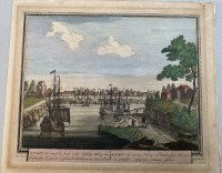 Auktion 338 / Los 5016 <br>Pieter I SCHENK (1660-1718/19) "Kuchin een sineesche Stadt bei Peking", hancolorierter Stich um 1700, mit kl. Loch und Riss mittig, BG 25x30 cm