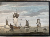 Auktion 338 / Los 5018 <br>gr. colorierter Stich um 1700, Kauffahrtei-Szene, ,BG 28x41 cm