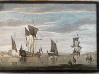 Los 5018 <br>gr. colorierter Stich um 1700, Kauffahrtei-Szene, ,BG 28x41 cm