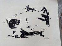 Los 5036 <br>Helmut Andreas Paul GRIESHABER (1909-1981) "Katzen im Schnee" Holzschnitt, 39x49 cm, BG 50x60 cm, minim. Läsuren