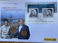 Auktion 339 / Los 6008 <br>Numisbrief Hannelore und Helmut Schmidt, 2x 2 Euro Sondermünzen, Hamburg 2008 und Schmidt 2015