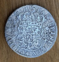 Auktion 339 / Los 6015 <br>spanische Silbermünze von 1737 8 Reales, Phillip der V., Gebrauchsspuren, D-3,9 cm, 23,3 gr.