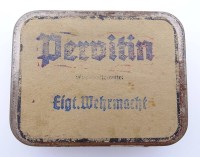 Dose mit Röhrchen für eine Dosis Pervitin, 2 WK, Dose: 5,5 x 7,3 x 2,5 cm, Röhrchen ist leer! Mit Altersspuren