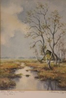 Auktion 369<br>Franz Baier, Kirchweyhe (XX) Alte Torfkate im Moor betiteltes Aquarell, ger/Glas, RG 73x62 cm