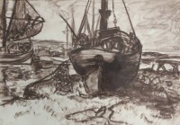Auktion 341 / Los 4023 <br>Richard CURDES (1891-1974), Boote am Strand, Zeichnung, gerahmt/Glas, RG 43,5 x 55,5cm.