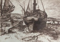 Los 4023 <br>Richard CURDES (1891-1974), Boote am Strand, Zeichnung, gerahmt/Glas, RG 43,5 x 55,5cm.
