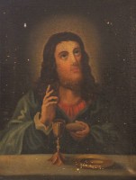 Auktion 339 / Los 4059 <br>anonymer Altmeister, Christus mit Brotlaib und Weinkelch, wohl 18. Jhd., restaurierungs bedürftig, gerahmt, RG 74,5 x 60,8cm.