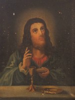 Auktion 361<br>anonymer Altmeister, Christus mit Brotlaib und Weinkelch, wohl 18. Jhd., restaurierungs bedürftig, gerahmt, RG 74,5 x 60,8cm.