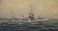 Auktion 341 / Los 4037 <br>H.Mahlstede, Torpedoboot im Flottenverband, Öl/Hartfaser, gerahmt, RG 52,5 x87,5cm.
