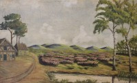 Los  <br>unsignierte Landschaft mit Gehöft, Öl/Holz, gerahmt, RG 28,5 x 43,5cm.
