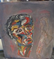 Auktion 339 / Los 4081 <br>anonyme Collage, Männerkopf mit Krawatte, Öl/leinen, 80x70 cm