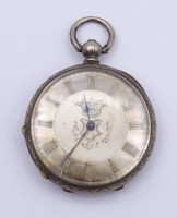 Herren Taschenuhr, Silbergehäuse, Schlüsselwerk, ohne Schlüssel, Funktion nicht überprüft, Zifferblatt mit Krone und Wappen, D.40mm