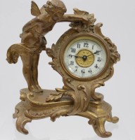 Los 2036 <br>figürliche Tischuhr, Asonia Clock Company, USA, um 1900, Zinkgussbronziert, Werk nicht geprüft (Schraube fehlt), Figur auf Podest geklebt, H-15cm B-13,8cm