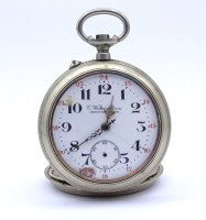 Los 2052 <br>Herren Taschenuhr "C.Wolter-Moeri - Chaux de Fonds", mechanisch, Werk steht, Krone und Sek. Zeiger fehlen, Zifferblatt beschädigt, Metallgehäuse, D. 53,3mm