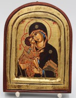 Auktion 340 / Los 4013 <br>kl. byzant. Ikone, verso Zertifikat, Maria mit Kind, ca. 18 x 13,5cm.