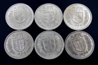 Los 6026 <br>6x 5 Franken, Silber, zus. 89,6g.