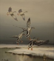 Los 4019 <br>Arnold SCHATZ (1929-c.1999) , Winterlandschaft mit Enten, Öl/Leinwand, gerahmt, RG 95,5 x 85,5cm.