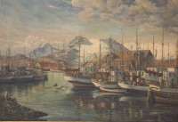 Auktion 346 / Los 4000 <br>E.Riess Hbg -Altona, norweg. Hafen vor Gebirge, Öl/Leinwand, 1x Riss (ca. 5cm), gerahmt, RG 73 x 98cm.