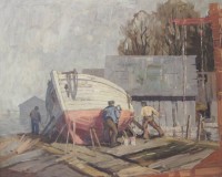 Los 4024 <br>Fr. Friederich, Bootswerft, Öl/Hartfaser, gerahmt, RG 72,5 x 84cm.