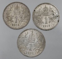 Auktion 340 / Los 6036 <br>3x Münzen, Österreich, Kaiser Franz Josef, je 1 Krone, 1915/16, D-2,3cm
