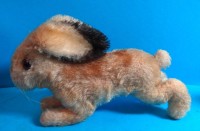 Los 12035 <br>alter Steiff Hase, Knopf und Fahne, Nr unlesbar, hart gestopft, H-10 cm, L-16 cm