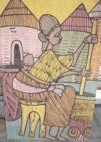 Los 4036 <br>KunLe (18)96, "Frau am Kochtopf vor Hütten" Öl/Leinen,  117x77 cm, wohl Indonesien?