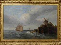 Auktion 340 / Los 4037 <br>Anonymer Altmeister* Segelboote vor holländischer Küste mit Mühle *