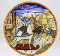 Auktion 340 / Los 9052 <br>Ein Großer Keramik-Wand-Teller bemalt mit dem Trojanischem Pferd auf dem Weg nach Troja ,