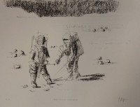 Auktion 340 / Los 5021 <br>Celestino PIATTI (1922-2007), Astronauten, Lithographie, signiert, E.A., Widmung "Für Lilly Zürcher", ungerahmt, BG 50,5 x 65,5cm.
