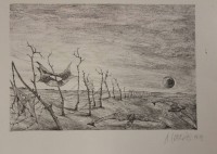 Los 5025 <br>Roger LOEWIG (1930-1997), Flugbilder für die Wolken, Lithographie, Widmung "Druck für Lilly Zürcher", ungerahmt, BG 40 x 50cm, rechte Seite mit 2 kl. Loch nicht im Werk.