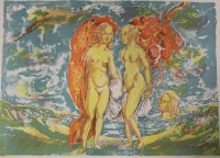 Auktion 340 / Los 5031 <br>Heinrich RICHTER (1920-2007), Zwei Grazien, Farblithographie, ungerahmt, BG 56 x 75,5cm, Widmung "Für Frau Zürcher"