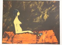 Auktion 340 / Los 5042 <br>Michele MAINOLI (1927-1991), rauchende Frau, Farblithographie, ungerahmt, BG 45 x 56cm, Für Frau Zürcher