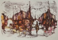 Los 5050 <br>Max Junker o.ä., abstrakte Strassenszene, Farblithographie, ungerahmt, BG 45 x 56cm, Für Frau Zürcher