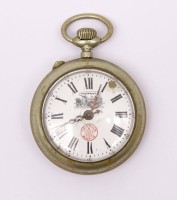 Auktion 500014 / Los  <br>Alte Eisenbahner Taschenuhr "Grangin Watch", mechanisch, Werk läuft, Zifferblatt beschädigt, D. 52mm, Alters- und Gebrauchsspuren, Zeit nicht über Korne einstellbar
