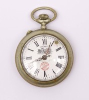 Los  <br>Alte Eisenbahner Taschenuhr "Grangin Watch", mechanisch, Werk läuft, Zifferblatt beschädigt, D. 52mm, Alters- und Gebrauchsspuren, Zeit nicht über Korne einstellbar