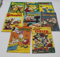 Auktion 340 / Los 3038 <br>9x div. Comics, u.a. Fix &amp; Foxi, Silberpfeil, Goofy und  Mickey Mouse 1955, 56, 2x 58, 77, Alters-u. Gebrauchsspuren