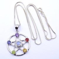 Los 1018 <br>Halskette (835) mit Edelstein Anhänger (925), Kette L. 60cm, zus. 12,2g.