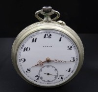 Auktion 341 / Los 2013 <br>Taschenuhr der Marke FESTA , Metallgehäuse , Uhrwerk steht , Ø 53mm