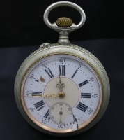 Auktion 341 / Los 2015 <br>Taschenuhr bez. im Uhrwerk mit MOERI´S PATENT 7547 / 780  , Metallgehäuse, Uhr steht Ø 56mm Emailliertes Zifferblatt beschädigt loses Stück im Gehäuse