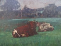 Auktion 341 / Los 4000 <br>Charles Richard TOOBY (1863-1918 "Ruhende Kühe", Öl/Platte, gerahmt, RG 47x57 cm,  anbei Schreiben der National Gallery, London von 1967