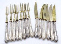 Auktion 341 / Los 11020 <br>6x Desert-Messer, 8x Desert-Gabeln, Silbergriffe, Altersspuren, Messer L-ca. 17 cm