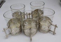 Los 10015 <br>5x Teegläser in Jugendstil-Halter, versilbert, gut erhalten, H-8,5 cm