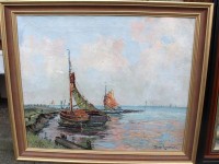 Auktion 345 / Los 4037 <br>Hans HENTSCHKE (1889-1969)  "Boote am Ufer" Öl/Leinern, gerahmt, RG 62x68 cm