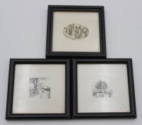 Los 5009 <br>3x div. kl. Radierungen, Personen und 2x Landschaften, je signiert, ca. RG 11,5 x 11,5cm.