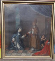 Auktion 361<br>anonymes Heiligen-Gemälde, wohl 18.Jhd., Öl/Leinen, alt doubliert und  gerahmt, RG 102x93 cm, mehrere kl. Farbabplatzer ebenso am Rahmen(Sperrgut)