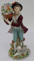 Los 8059 <br>hohe Porzellanfigur "G&auml;rtnerjunge mit Lqamm", Sitzendorf um 1960, GDR H-19 cm, Bl&uuml;tenbl&auml;tter div. Absplitterungen