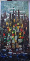 Auktion 341 / Los 4040 <br>H. Grieder, 62 "Skyline bei Nacht", Öl/Malfaser, gerahmt,  RG 48x24 cm