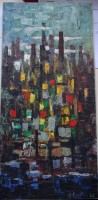 Los 4040 <br>H. Grieder, 62 "Skyline bei Nacht", Öl/Malfaser, gerahmt,  RG 48x24 cm
