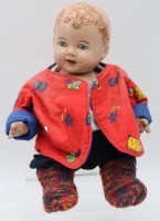 Auktion 341 / Los 12017 <br>Jungen-Puppe, Masse, älter, gemalter Gesicht, leichte Altersspuren, ca. H-32cm